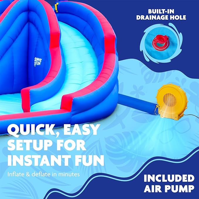 Sunny & Fun Mega Sport Inflatable Water Triple Slide Park – Heavy-Duty for Outdoor Fun - Climbing Wall, 3 Slides & Splash Pool – Easy to Set Up & Inflate with Included Air Pump & Carrying Case