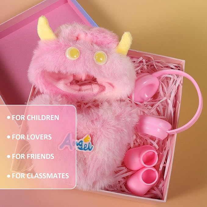 17cm Doll Clothes Set for Labubu Dress Up,Cute Outfit ,4 Piece Hat Overalls Headphones Shoes Dolls Clothing Accessories(NO Doll) (Pink)