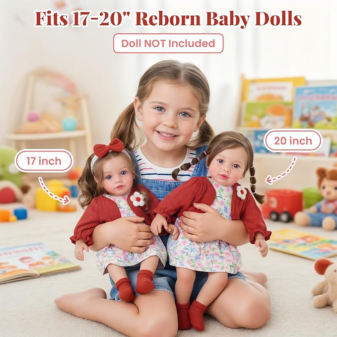 BABESIDE 4 Pcs Reborn Baby Doll Clothes Dress Set for 17-22 Inch Baby Dolls, Floral Dress with Wine Red Cardigan, Bow Headband and Socks, for Realistic and Reborn Babys Doll Clothes and Accessories