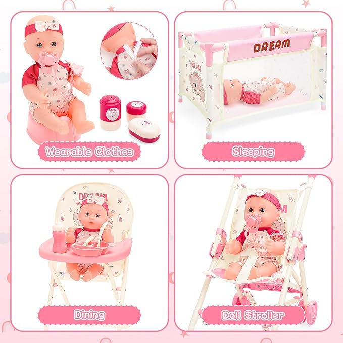 deAO Baby Doll Stroller Toys with 12" Baby Doll Accessories Crib Bed High Chair Nursery Role Play Set Play Mat,Travel Cot,Bouncer,Foldable Stroller,Travel Bag, Birthday Gifts for Toddlers Girls Boys