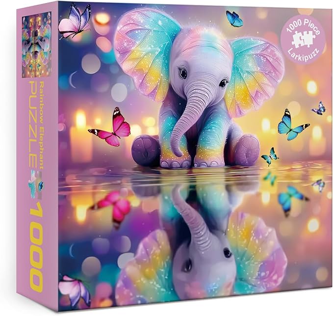 Colorful Elephant Puzzles for Adults 1000 Pieces, Rainbow Pretty Animal Jigsaw Puzzles, Challenging Beautiful Butterfly Puzzle