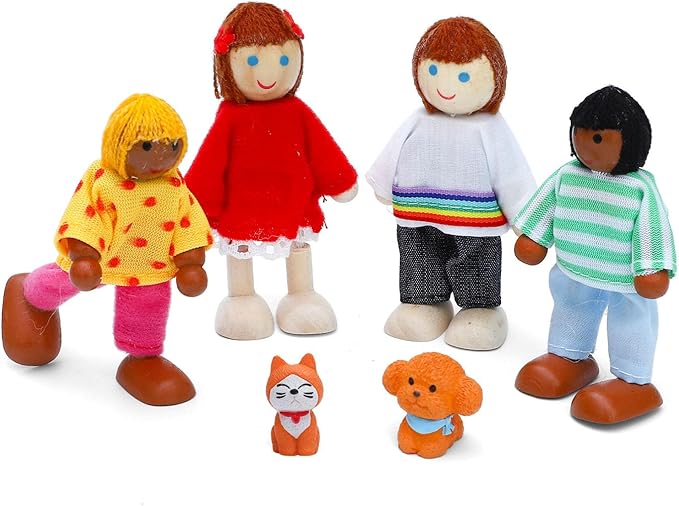 ONEST 17 Pieces Wooden Dollhouse Family Set Mini People Figures Dog Cat Sets Dollhouse Dolls Wooden Doll Family Pretend Play Figures Accessories for Pretend Doll House