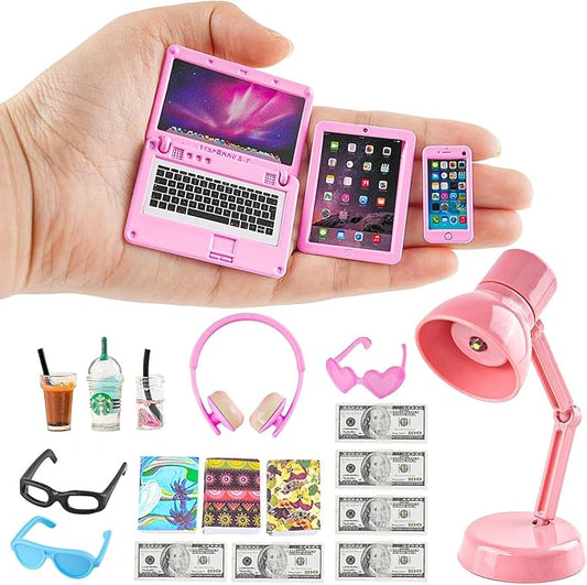 20Pcs Dollhouse Miniature Laptop Computer Tablet Phone Lamp Book Glasses Coffee Headset Simulation Accessories 1/12 1/6 Toy Pad Play Set Fits Barbie Doll Girl Mini Drink Party Office (Pink)