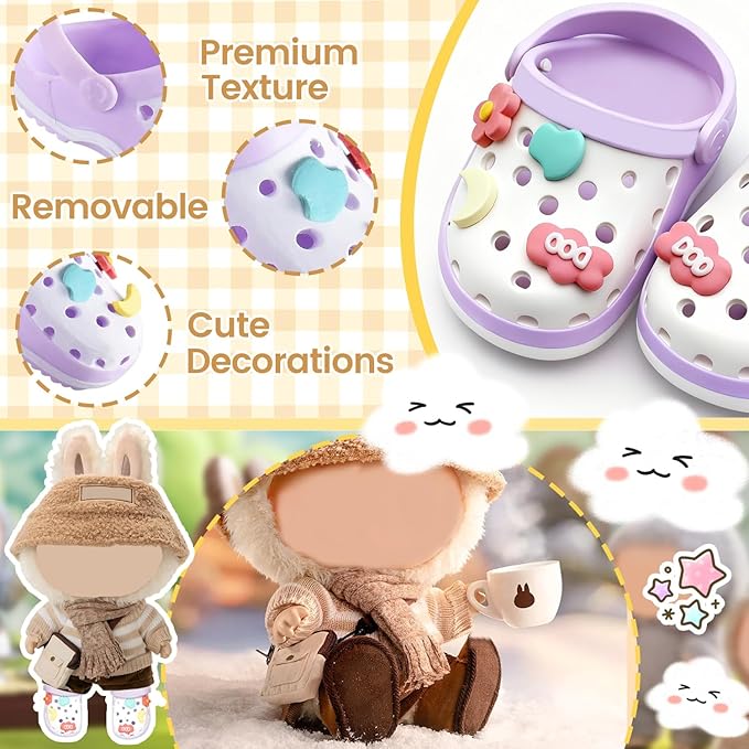Doll Shoes,6.7in(17cm) Plastic Doll Dress up Shoes,Doll Decoration Accessories for Mini Clog Shoes with Cute Decoratives,Dual-Tone Oil Painting Design with Removable Ornament (Pink)