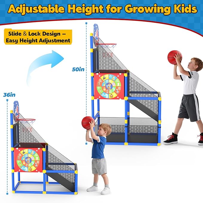 EagleStone 2-in-1 Kids Arcade Basketball Hoop with Dart Board,4 Balls Adjustable Height Basketball Toy Indoor Outdoor Carnival Games Gift for Boys Girls Toddlers Ages 3-6 Years Old,Pump Included
