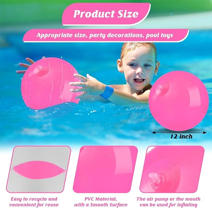 20 Pack Pink Beach Ball - 12Inch Blow Up Beach Ball Party Supplies for Kids, Inflatable Floating Balls for Summer Pool Parties, Outdoor Activities & Birthday Decorations(Pink)