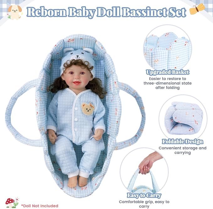 BABESIDE 3 Pcs Baby Doll Bassinet with Bedding Set for 17-22 Inch Babydolls, Cute Puppy Print Baby Dolls Crib Dolls Bed with Pillow Blanket for Reborn Baby Doll Accessories, Blue