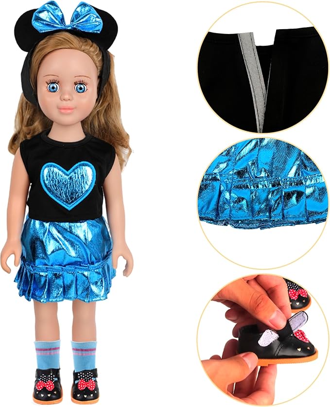 MSYO 18 Inch Doll Pretend Play Set-9 Pcs Party Dress Up Collection with Polka Dot Dress,Bow Headband,Pearl Accent Necklace,Shoes & Glasses for 18 Dolls(Blue)