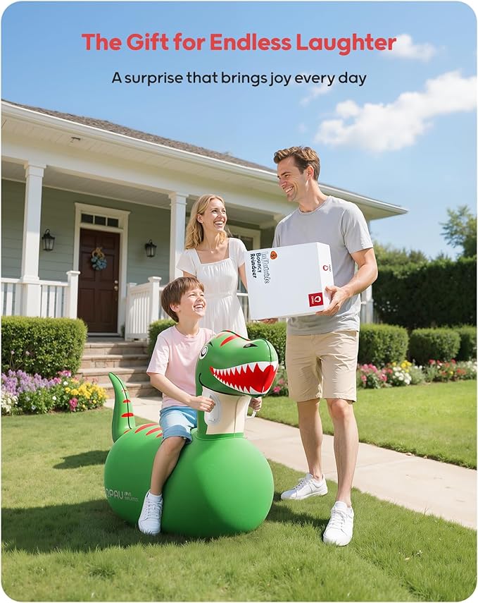 QPAU Infatable Bouncy Toys with Hand Pump, Heavy Duty Giant Bouncy Pal, 220lbs Load Capacity, Ride On Bouncy Animal Hopper Toy, Indoor Outdoor Bouncers for Kids Girls Boys Ages 5+ (Dinosaur, 1 Pack)
