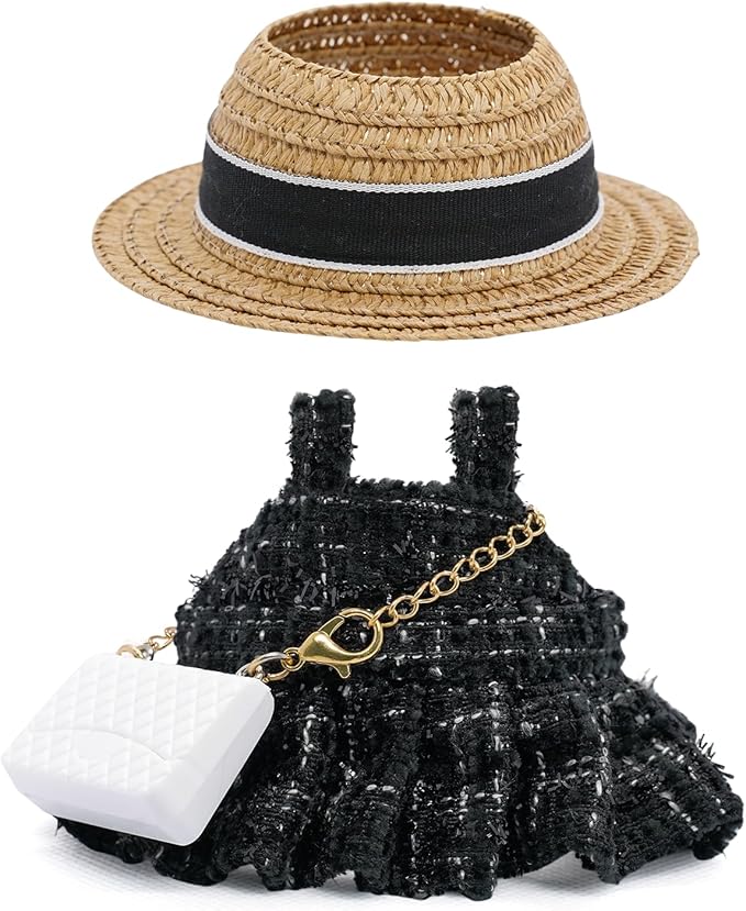 17cm Doll Clothes - Luxury Chic Style Set High-End Fashion Accessories - Premium Handmade Clothes 3 Piece Set Hat & White Bag & Dress Adjustable Doll Outfit (No Doll) - Black Hat Set
