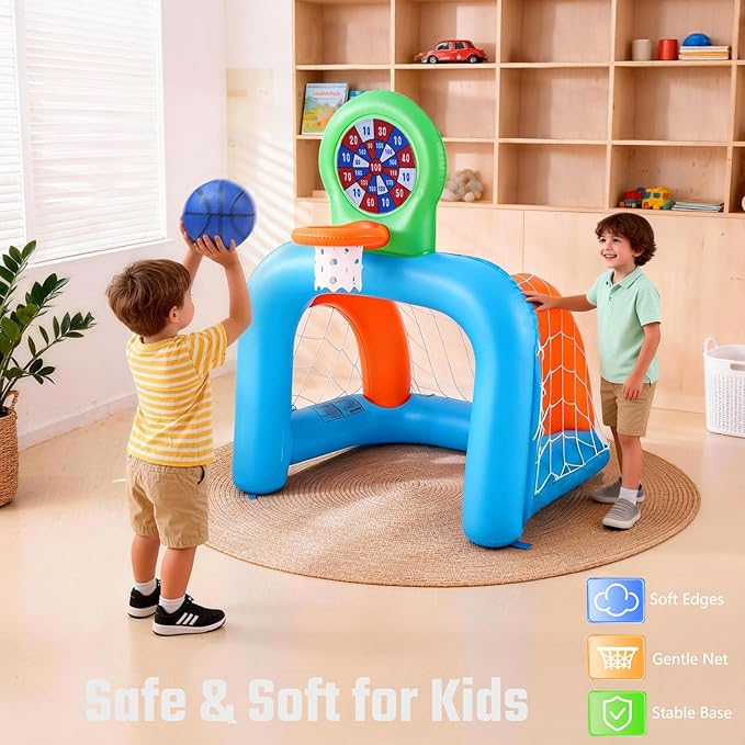 Inflatable Toddler Sports Center – Basketball Hoop & Soccer Goal, 3-in-1 with Sticky Ball Target, Soft & Safe Indoor/Outdoor Set, Ages 2–6