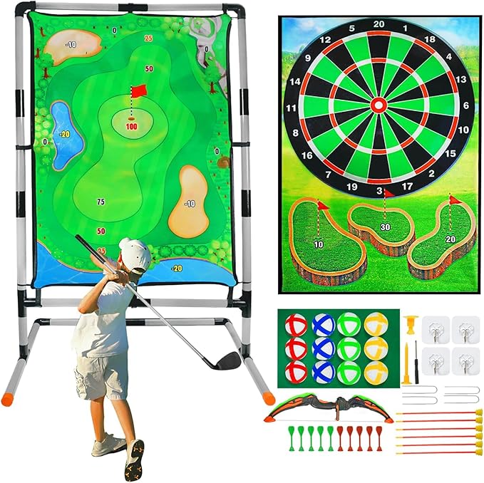 Golf Chipping Game with Stand, Multi-Sport Golf Practice Set with Archery,Hatchet,Darts,Double-Sided Hitting Mat for Backyard Fun, Indoor/Outdoor Sports Toy for Kids & Adults