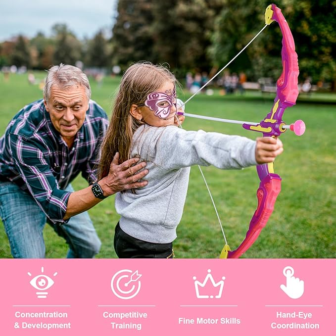 VGOFUN Kids Bow and Arrow Set: LED Light Up Archery Toy with Princess Cape and Headband, 10 Suction Cup Arrows, Outdoor Toys Gifts for 3-8 Year Old Girls (Archery Set with Butterfly Mask)