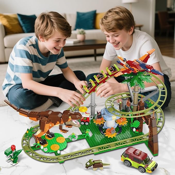 HOGOKIDS Dinosaur Roller Coaster Building Set - 1222 PCS Roller Coaster Building Toy with 4 Dinosaur, Off-Road Vehicle, Food Cart, Dinosaur Models Playset, Gifts for Adults Girls Boys Ages 8-12 Years