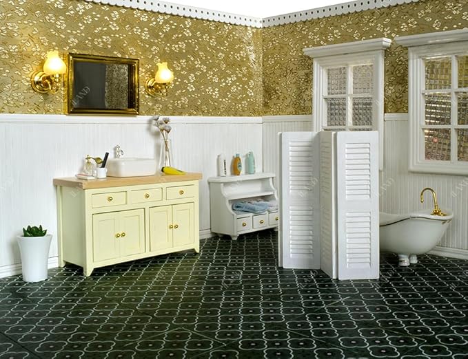 iLAND Dollhouse Flooring on 1/12 Scale 1/6 Scale, Miniature Dollhouse Accessories, 30pcs Double-Sided Dollhouse Floor Tiles (French Green Floral & Colorful Terrazzo)
