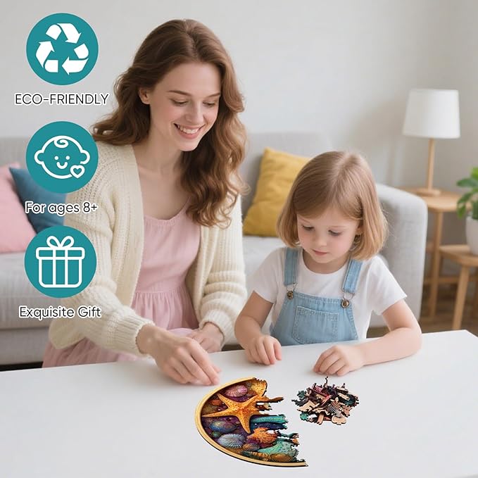 Mocfesk Wooden Puzzles for Adults, Shell Starfish Puzzles 500 Pieces, Unique Shaped Underwater Ocean Jigsaw Puzzles for Adults and Kids, Birthday Gifts Fun Challenge Family Game 16.5'' x 16.5''