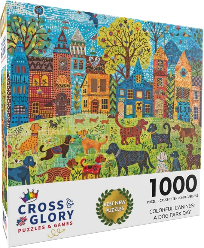 Cross & Glory - Colorful Canines: A Dog Park Day - 1000 Piece Jigsaw Puzzle for Adults | Whimsical | Premium Quality | Vibrant Design | Satin Finish | 20 x 27 Inches