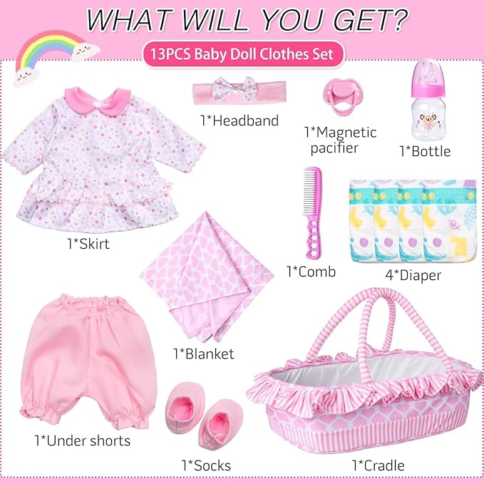 10 Pcs Reborn Baby Doll Clothes Pink Outfit Accessories for 16-18 Inch Reborn Dolls Newborn Baby Girl Clothes Set with Bassinet