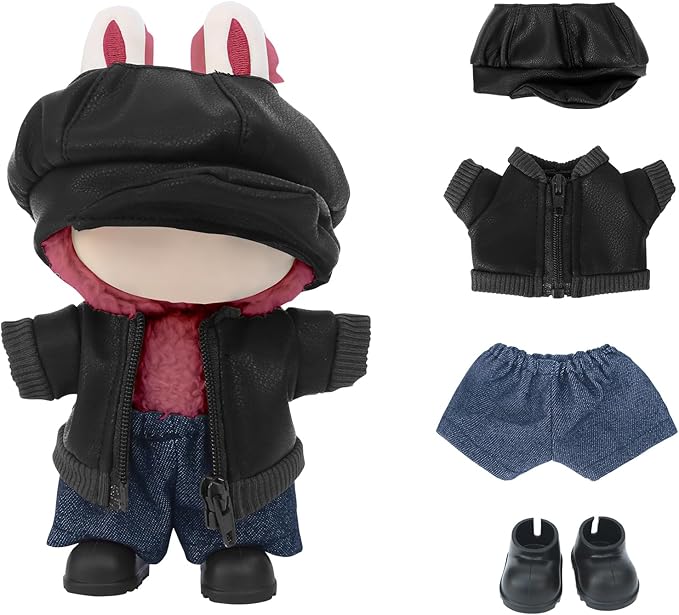 17cm Doll Clothes Sets(No Doll) Black Leather Jacket Outfits Handcrafted Designer Clothes Including Hat Jacket Trousers and Shoes