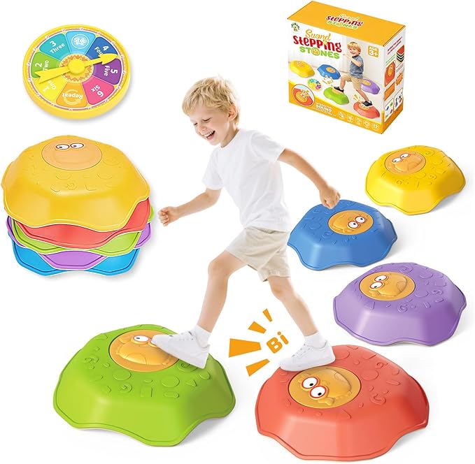 Stepping Stones for Kids - Anti-Slip Toddler Balance Stones with Squeaky Sound - 5pc Crab Sensory Toys for Indoor & Outdoor Play - Montessori Gross Motor Skills Obstacle Course for Boys Girls Toddlers