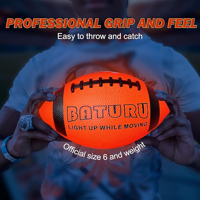 Glow in The Dark Football, Light Up Football, Junior NO 6 - Birthday Easter Stuffers Gifts for Boys Kids Teen Youth 8 9 10 11 12 Year Old, Catch Games in Backyard Camping Beach Outdoor (Orange+Black)