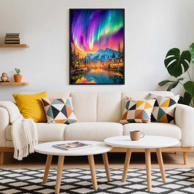Puzzles for Adults 1000 Pieces, Northern Lights Aurora Over Mountain Village Winter Landscape Jigsaw with Letters on Back, 20x28 Inch Wall Art, Challenging Relaxing Family Game