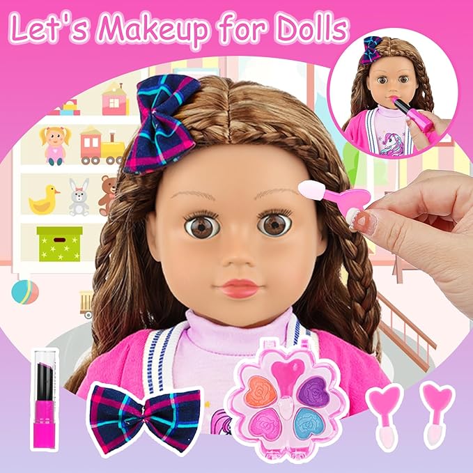 K.T. Fancy American 18 Inch Doll British Style Fashion Set 14 PCS Clothes & Accessory Collection with School Bag, Unicorn Stationery,Makeup Tools for 18" Dolls