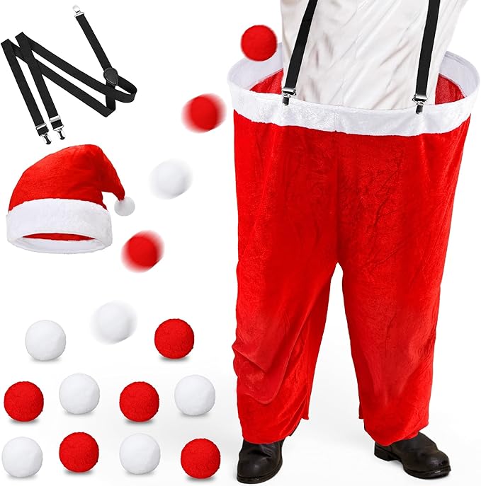 Elcoho 59 Inch Christmas Santa Pants Toss Game Set with Santa Hat, Detachable Strap, 10 Plush Snowballs, Outdoor Giant Pants Yard Toss Ball Games for Adults Family Backyard Game Holiday Party Activity