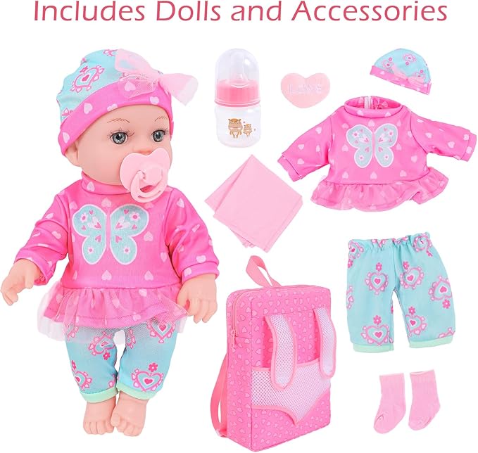 DONTNO 12 Inch Baby Doll with Clothes and Backpack Carrier,Reborn Baby Doll with Bottles Nipple