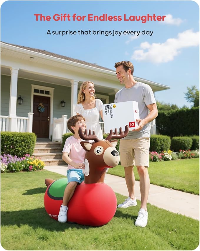 QPAU Large Inflatable Reindeer Hopper Bouncy Toy, 250lbs High Capacity Ride-on Animal for Kids & Adults, Soft Fabric Cover & Pump, Durable Puncture-Resistant Bouncer for Family Party Gift