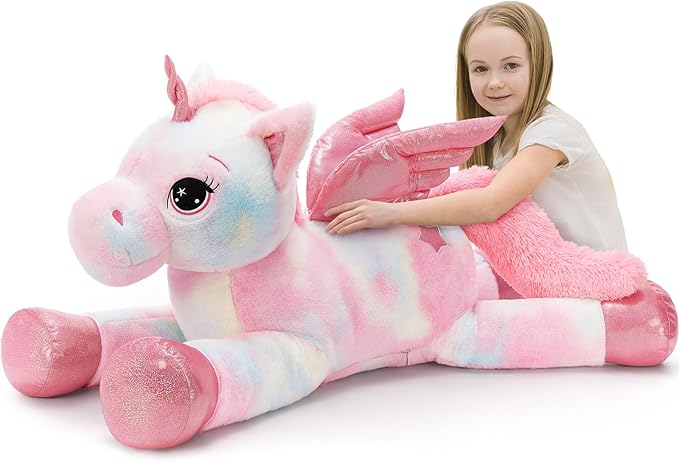 Tezituor 43 Inch Rainbow Pink Unicorn Stuffed Animal with Wing, Giant Stuffed Unicorn Plush Toys for Girls Kids Boys Women,Soft Plushie Gifts for Valentines Day,Christmas, Birthday Party