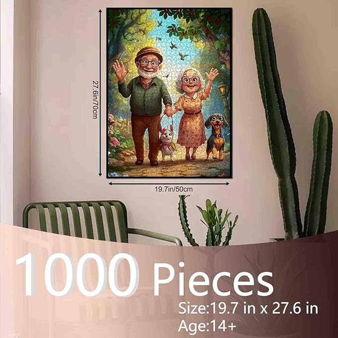 Old Man and Old Woman 1000 Piece Jigsaw Puzzles for Adults Couple Walking Painting Jigsaw Puzzle Cute Animal Dog 1000 Pieces Puzzles 20''x27”inch DIY Craft Puzzle Art Wall Decor Family Challengings