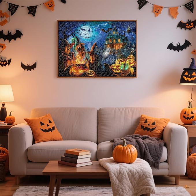 Rocorose Halloween Jigsaw Puzzle 1000 Pieces, Halloween Witches Puzzle for Adults Scary Jack - o - Lanterns Puzzles Haunted House Skeleton as Party Decor and Ideal Gift