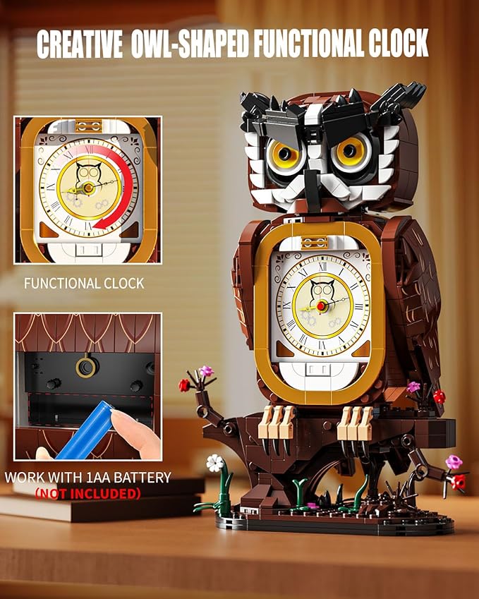 Owl Clock Building Blocks Set, STEM Building Toys with Functional Clock, Collectible Bird Display Model for Home Decor, Christmas Birthday Gift for Adults & Boys 8-14 (964Pcs)