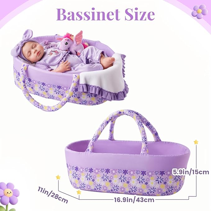 BABESIDE 8 Pcs Reborn Baby Doll Accessories Set – Includes Doll Clothes, Bassinet, Soft Toy, Bottle & More for Girls, Fits 17-22 Inch Dolls(Not Dolls)