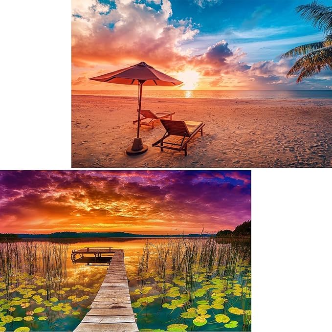 Jigsaw Puzzles 2 Pack 1000 Pieces Hawaii Beach & Lake at Sunset Nature Landscape Impossible Challenging Puzzles for Home Decor Birthday Party Gifts Toy for Men Women