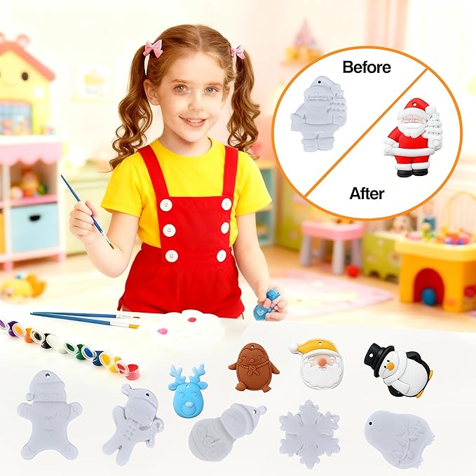 GloomGlo 24pcs Plaster DIY Paint Christmas Tree Craft Kit for Kids Non-Toxic Paint & Brushes | Christmas Holiday Craft Supplies(Christmas 2)
