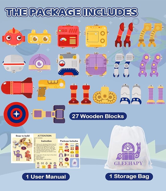 Fine Motor Building Robot Blocks for 3+Years Old Kids, Snap on Robots Together Building Blocks, Take Apart Robot Playset, STEM Montessori Fine Motor Skill Learning Birthday Gift for 3+ Years Old Kids