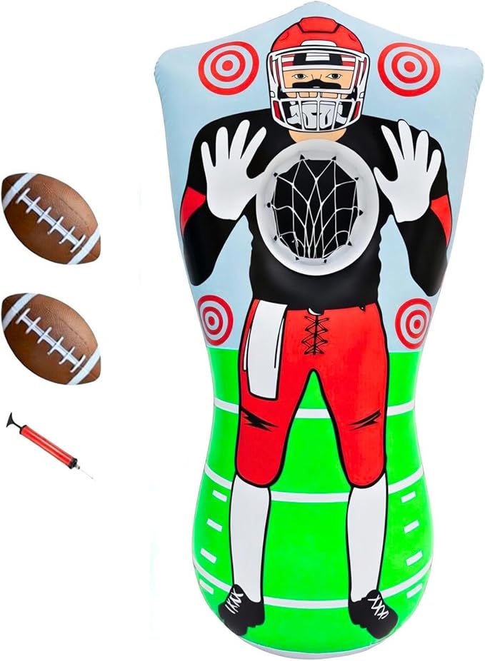 65” Inflatable Football Target Net Toss Game - Double-Sided Throwing Practice Football Stuff with Mini Balls - Backyard Tailgate Party Sports Toy for Kids & Adults