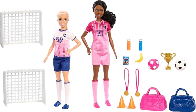 Barbie Careers Dolls & 15 Accessories, Soccer Player Playset Brooklyn” & Blonde Petite Player Dolls, 2 Nets, 2 Balls & More