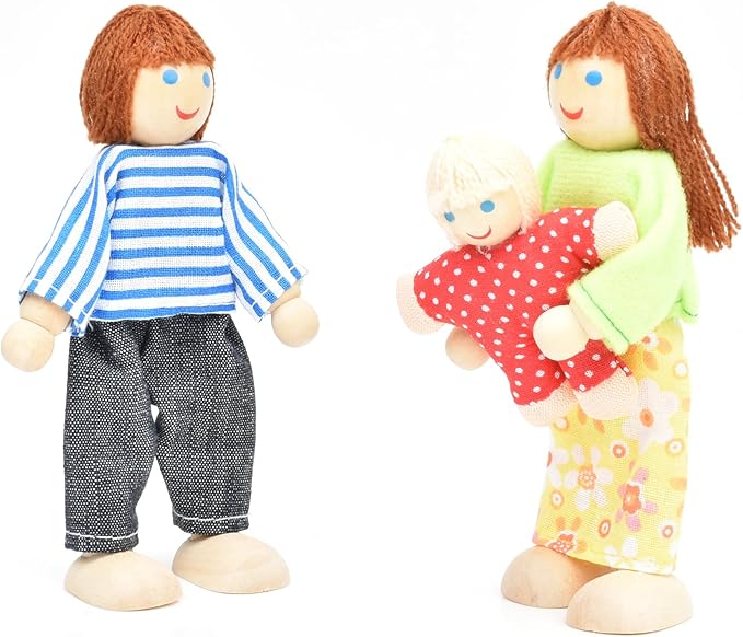 Jzszera Wooden Doll House People of 7 Miniature Figures and 2 Pets, Dollhouse Dolls Family Set Accessories for Girls Toddler Kids Pretend Play and Imaginative Fun