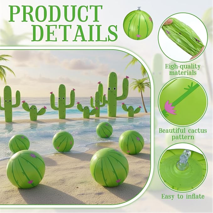24 Pack Cactus Mini Beach Balls Bulk 5" Cactus Party Favors Inflatable Ball Mini Pool Balls Beach Pool Toy Small Beachball for Summer Hawaiian Game Water Birthday Ocean Cactuses Party Decor