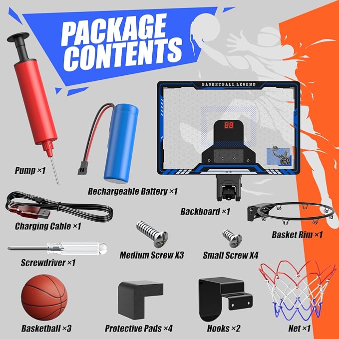 HopeRock Indoor Mini Basketball Hoop for Kids, Basketball Hoops Over The Door with LED Lighting, Mini Hoop with Scoreboard & 3 Balls, Basketball Toys Gifts for 5 6 7 8 9 10 11 12 Year Old Boys Girls
