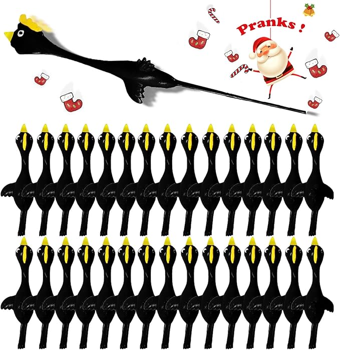Slingshot Chicken Rubber Chicken Flick Chicken Flying Chicken Flingers Stress Gag Toys, Rubber Chicken Slingshot Funny Christmas Stuffers Easter Chicks Novelty Gifts for Kids (Black Yellow 30 Pcs)