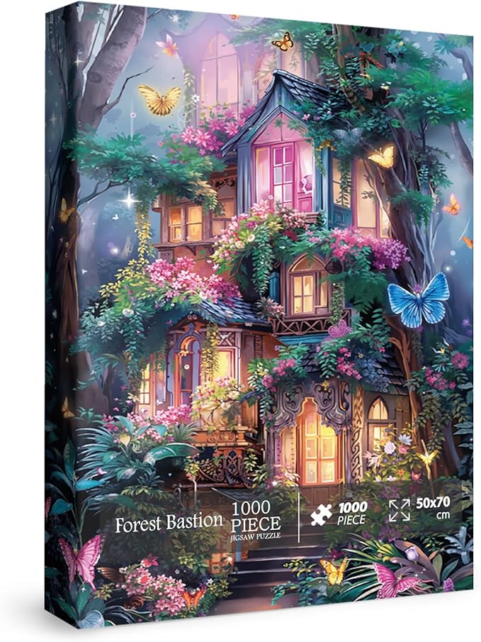 Magical Treehouse Forest Puzzles for Adults 1000 Pieces, Fantasy Plant Flower Jigsaw Puzzle Nature, Butterfly Tree Castle Puzzle