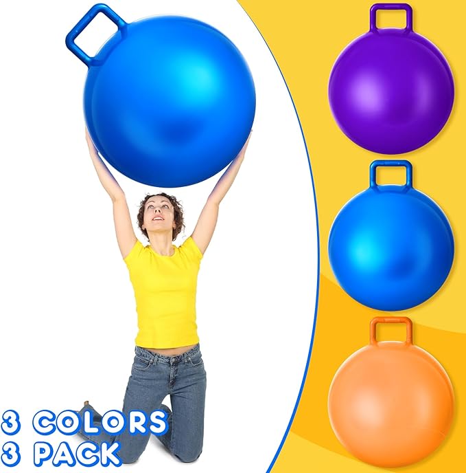 Lewtemi 3 Pcs 29 Inch Bouncing Ball with Handle, Outdoors Hopper Jumping Hopping Ball and Air Pump for Sports Exercise (Orange, Blue, Purple)