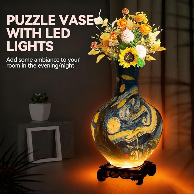 3D Puzzles Vase for Adults, Crafts for Adults, 164 Pieces Plastic DIY Unique Flower Vase with LED Light House Warming Gift Birthday Gifts for Flower Arrangements and Home Decor