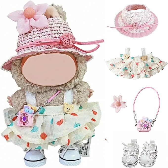 5 Set 17cm Doll Clothes, Clothes for Dolls Outfit, Accessories for 17cm Dolls Clothes Dress + Straw hat + Hairpin + Small Camera + Shoes, No Doll（Spring Pink Set）