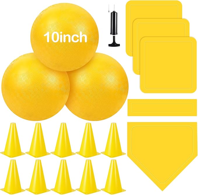 Jenaai 20 Pcs Sports Kickball Set, 3 10'' Playground Ball, 5 Rubber Throw Down Bases, Ball Pump, Net Bag, 10 Foul Line Cones, Kickball All in One Kit for Kids Adults Playground Backyard Game (Yellow)