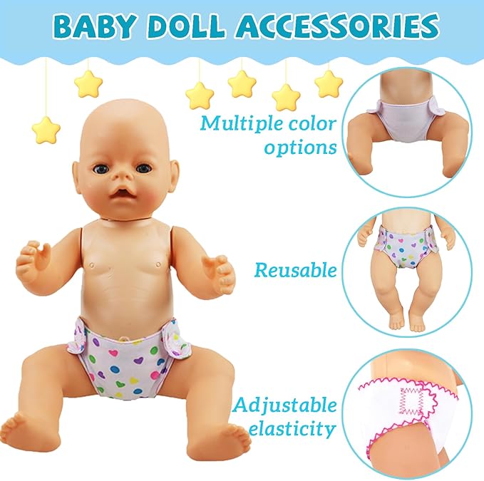 7 Pcs Baby Doll Accessories, 4 Doll Diapers for 14-18 Inch Doll, Magic Disappearing Milk & Juice Bottles with Toy Pacifier for Reborn Baby Doll Diapers and Feeding Bottle Toys Reusable